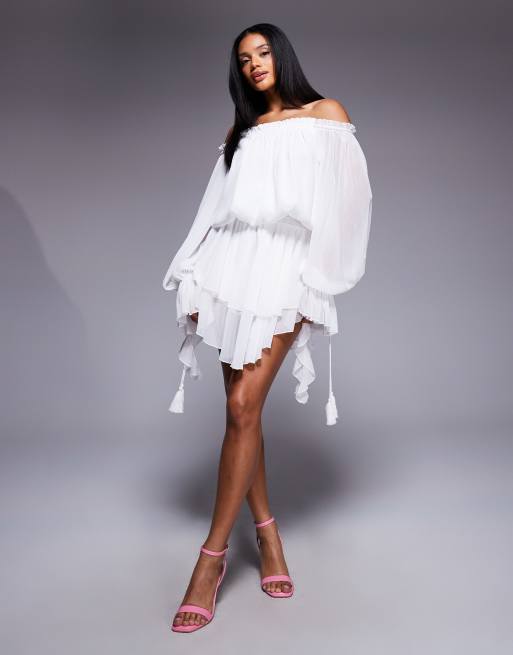 Aria Cove chiffon bardot drape detail tiered hem mini dress in