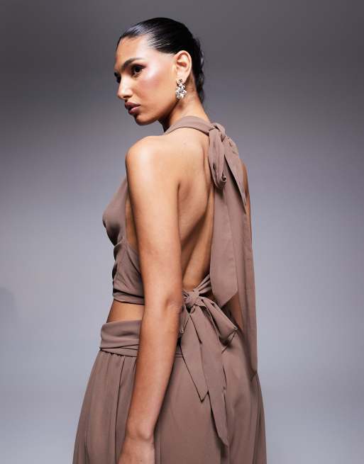 Aria Cove chiffon deep cowl neck halterneck top and side slit flowy tie maxi skirt set in brown