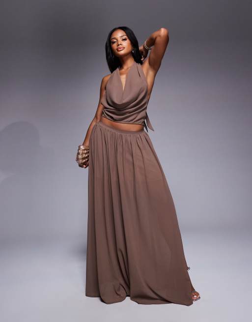 Aria Cove chiffon deep cowl neck halterneck top and tie flowy side split maxi skirt set in brown
