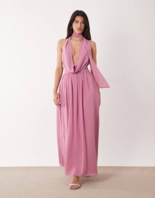 Aria Cove chiffon deep plunge cowl neck wrap scarf detail maxi dress in pink pink 20090₽