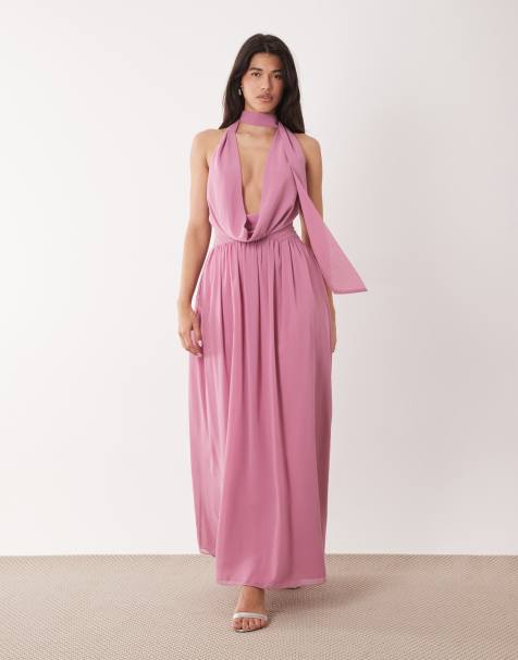 Aria Cove chiffon deep plunge cowl neck wrap scarf detail maxi dress in pink - view 1