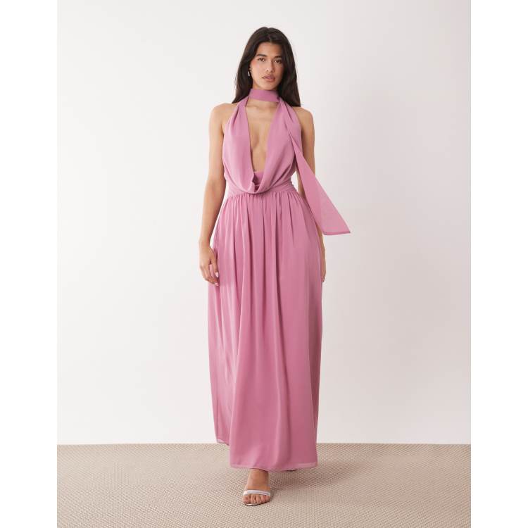 70's maxi dress pink cowl neck long sleeve 1970s Hot Pink Lace Balloon Sleeve Barbie Maxi Dress Gown  Canned Ham  Vintage