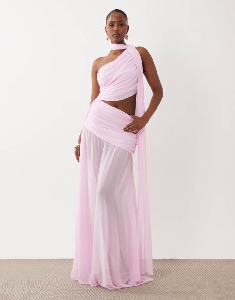 Aria Cove chiffon drape detail cut out side sheer hem wrap scarf detail maxi dress in bubblegum pink - view 1