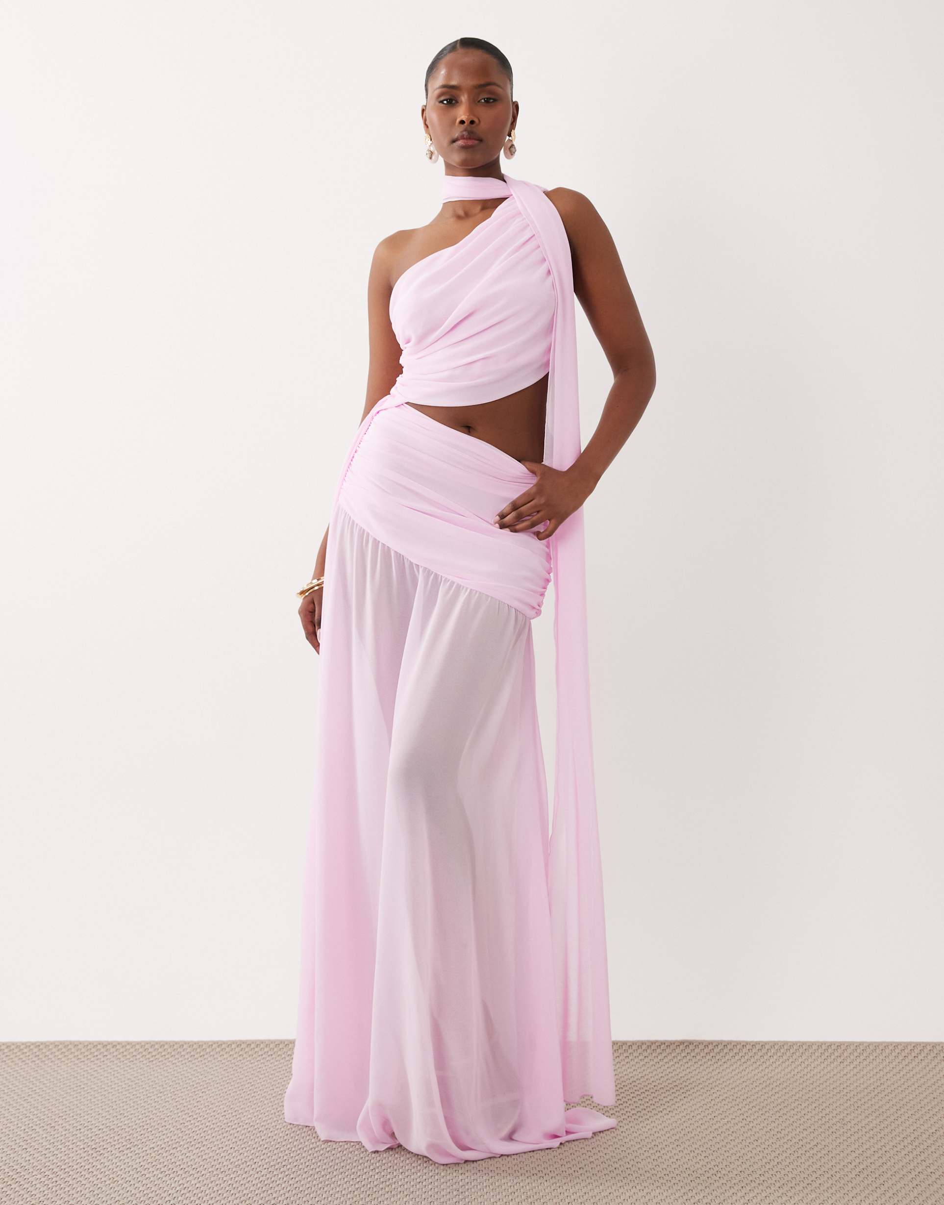aria cove chiffon drape detail cut out side sheer hem wrap scarf detail maxi dress in bubblegum pink