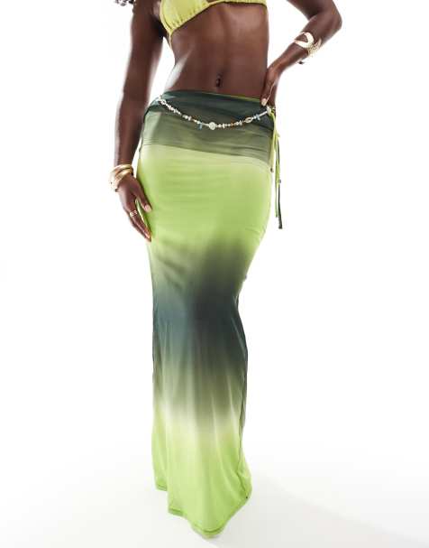 Aria Cove chiffon maxi tie side beach skirt co-ord in green ombre - view 1
