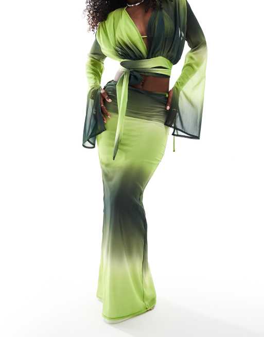 Aria Cove chiffon maxi tie side beach skirt co ord in green ombre ASOS