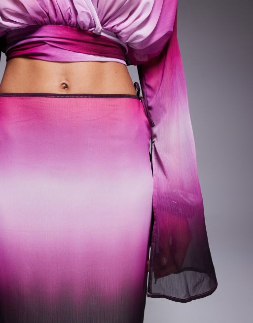 Aria Cove chiffon maxi tie side beach skirt co-ord in purple ombre