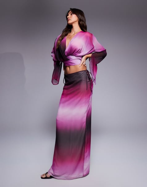 Aria Cove chiffon tie side maxi beach skirt in purple ombre - part of a set - view 1