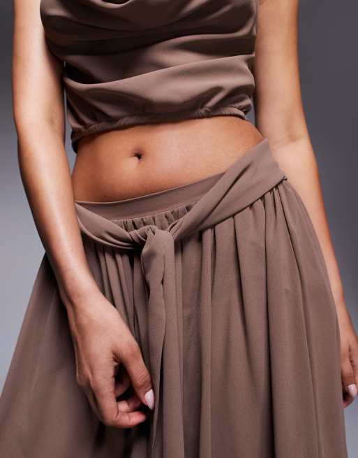 Aria Cove chiffon tie waist flowy side split maxi skirt co-ord in brown, 2 of 5