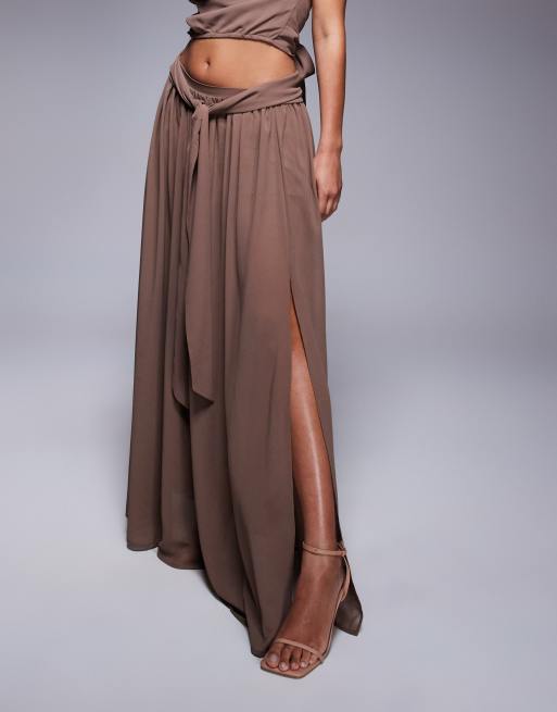 Aria Cove chiffon tie waist flowy side split maxi skirt co-ord in brown, 3 of 5