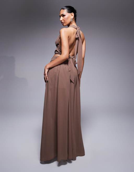 Aria Cove chiffon tie waist flowy side split maxi skirt co-ord in brown, 5 of 5
