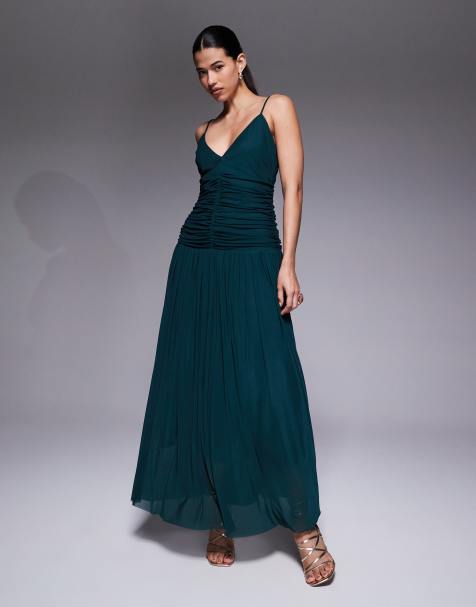 Aria Cove chiffon v neck dropped pleated waist maxi dress in forest green