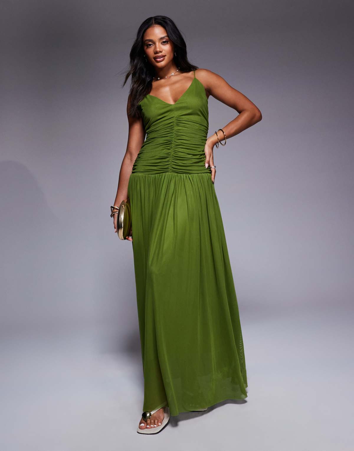 Aria Cove chiffon v neck dropped pleated waist maxi dress in green