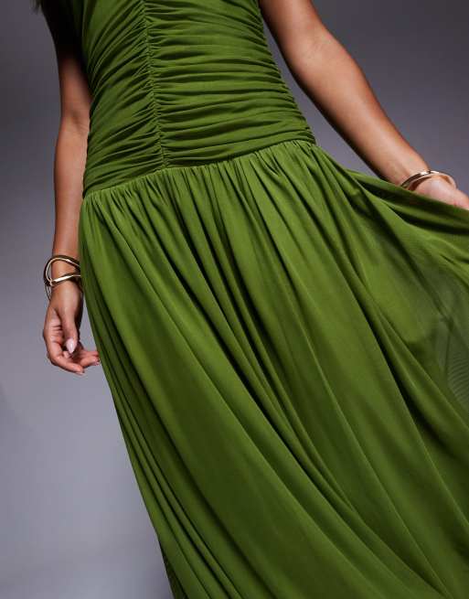 Aria Cove chiffon v neck dropped pleated waist maxi dress in green