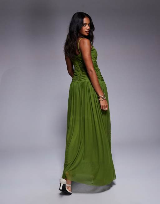 Aria Cove chiffon v neck dropped pleated waist maxi dress in green
