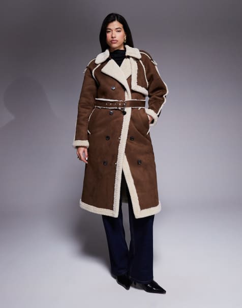 Aria Cove - Chokoladebrun og cremehvid lang frakke med bælte i imiteret ruskind og shearling-look - view 1