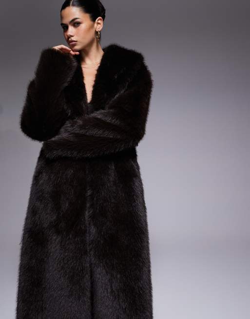 Aria Cove - Chokoladebrun oversized maxi-jakke i imiteret pels med krave, 2 af 4