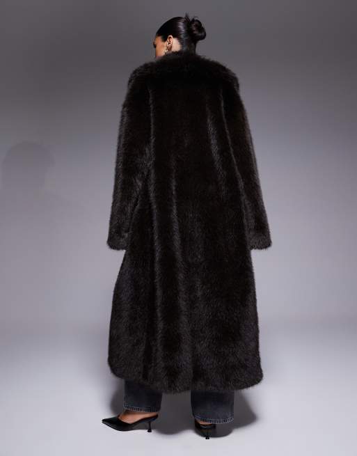 Aria Cove - Chokoladebrun oversized maxi-jakke i imiteret pels med krave, 3 af 4