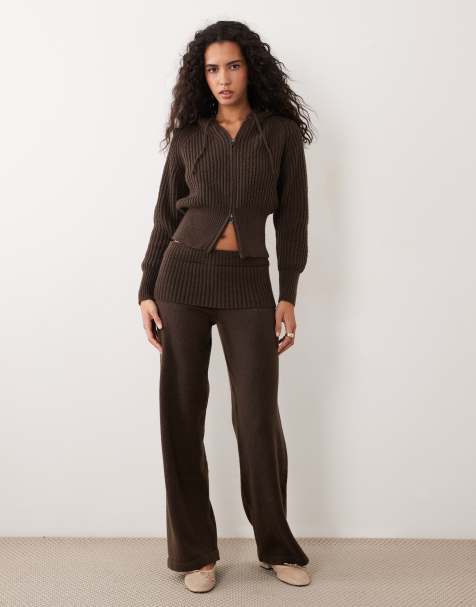 Aria Cove cinch waist fine knit zip through cropped hoodie and high waisted fine knit wide leg trousers co-ord in choco - view 1