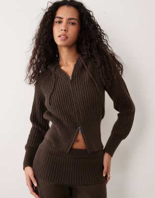 Aria Cove Cinch Waist Fine Knit Zip Through Cropped Hoodie Set In Multi