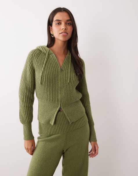 Aria Cove cinch waist ribbed knit zip through cropped hoodie co-ord in olive green - view 1