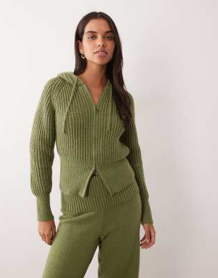 Aria Cove Cinch Waist Ribbed Knit Zip Through Cropped Hoodie Set In Green