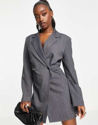 Aria Cove cinched waist detail mini tuxedo blazer dress in gray | ASOS