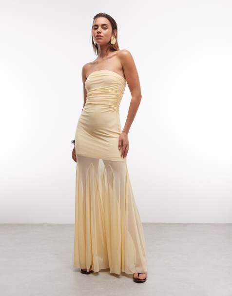 Aria Cove - Citrongul maxikjole i chiffon med bandeau-snit og rynkede detaljer samt gennemsigtig kant - view 1