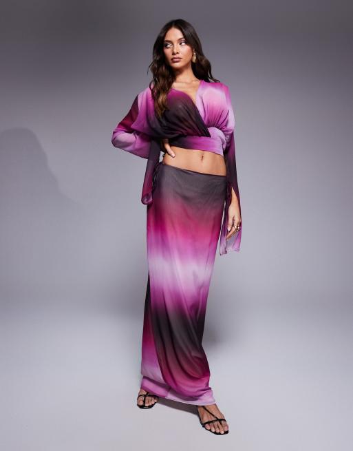 Aria Cove - Co-ord strandset van chiffon met top met overslag en split en rok in paars