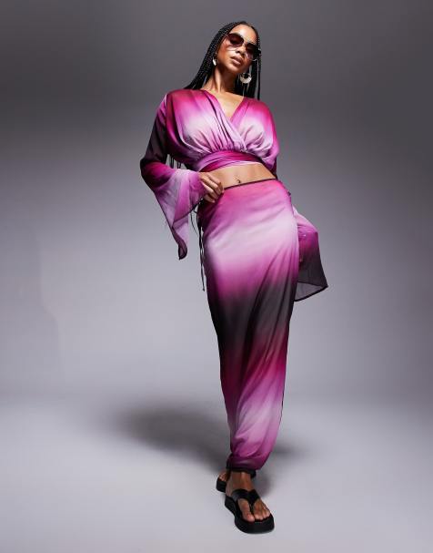Aria Cove - Co-ord strandset van chiffon met top met overslag en split en rok in paars - view 1