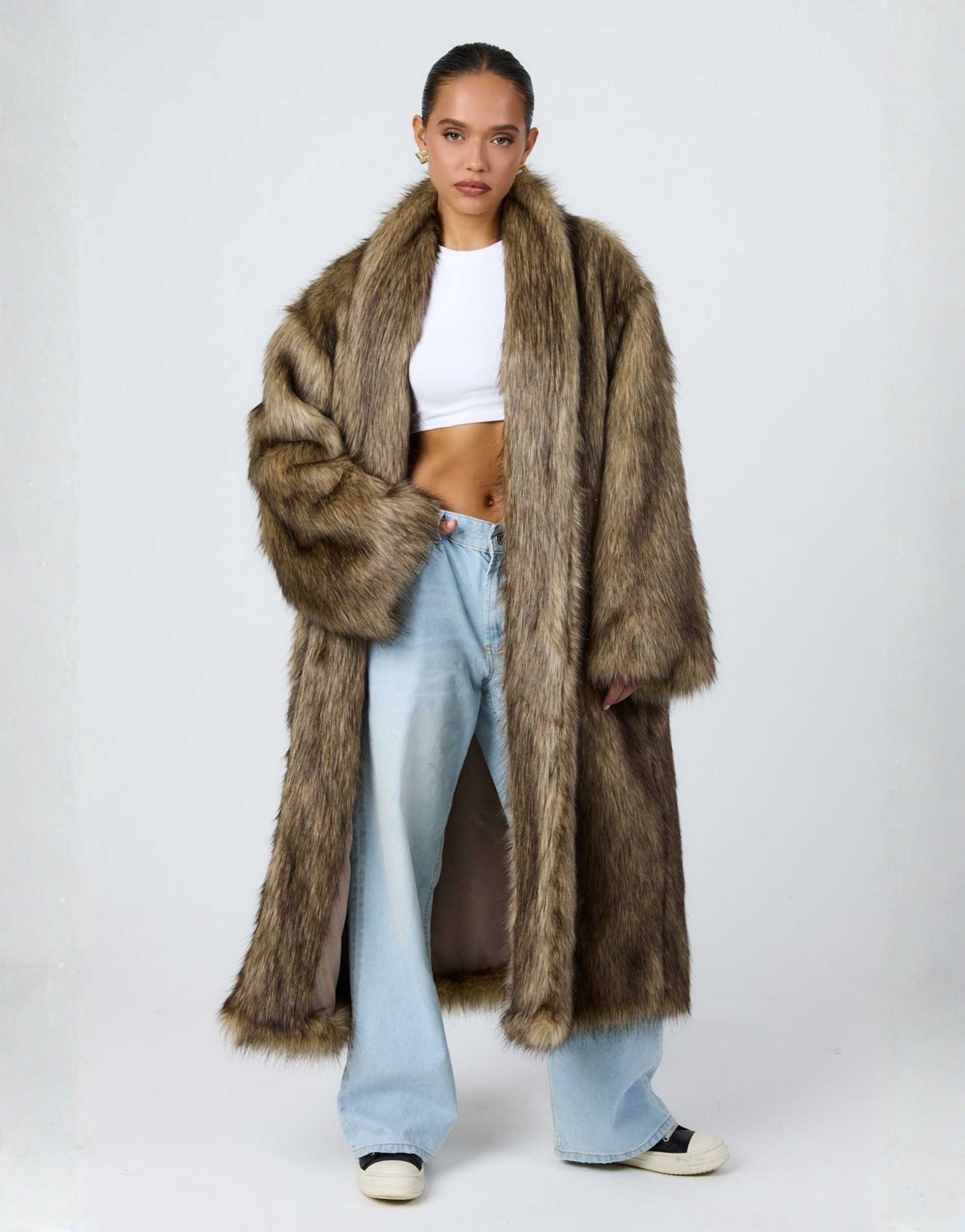 aria cove collarless oversized longline coat in brown tipped faux fur