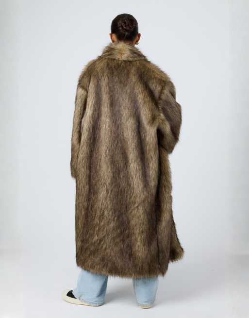 Aria Cove collarless oversized longline coat in brown tipped faux fur