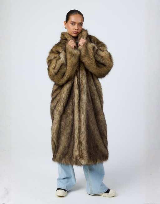 Aria Cove collarless oversized longline coat in brown tipped faux fur