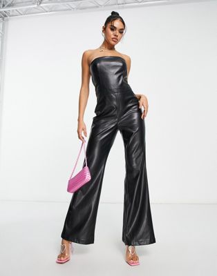 Aria Cove leather look bandeau flared jumpsuit in black - ASOS Price Checker