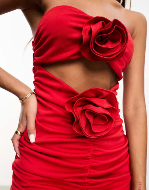 Aria Cove corsage detail ruched cut out bandeau mini dress in red