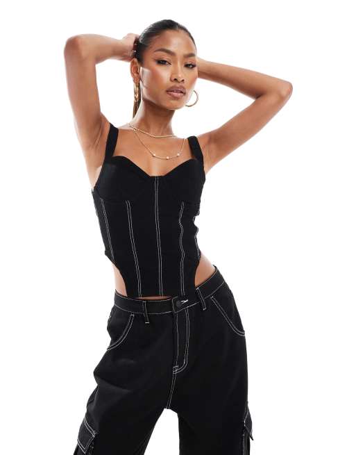 Aria Cove - Corsetto in denim nero con cuciture a contrasto in coordinato