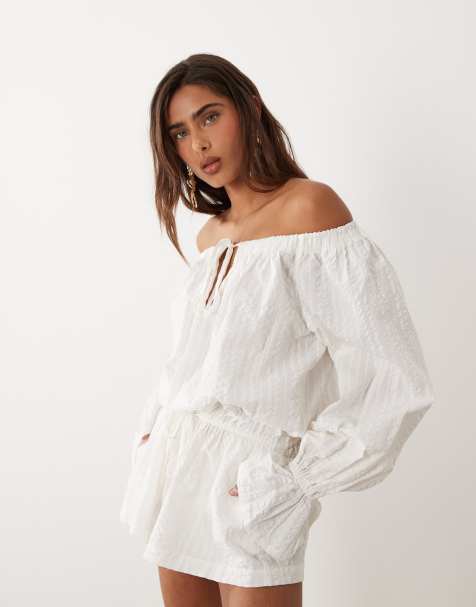 Aria Cove cotton bardot tie front detail flare sleeve playsuit in white - view 1