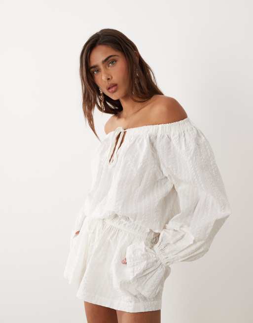 Aria Cove cotton bardot tie front detail flare sleeve romper in white, 2 of 5