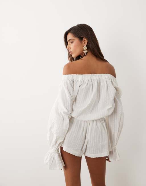 Aria Cove cotton bardot tie front detail flare sleeve romper in white, 5 of 5