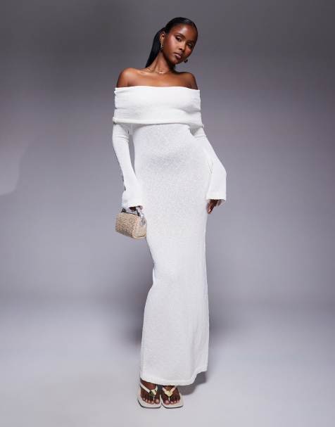 Aria Cove - Cremehvid bardot-maxikjole med foldet kant og tekstur i strikket bouclé - view 1