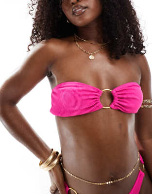 Aria Cove Aria Cove crinkle bandeau ring detail bikini top co-ord in pink