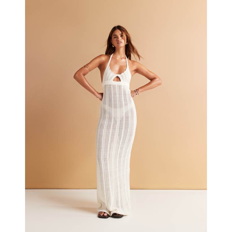 Aria Cove crochet knit halterneck cut out maxi beach dress in white | ASOS