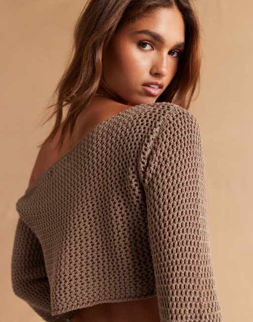 Aria Cove crochet knitted off shoulder cropped beach top co-ord in soft brown, 3 of 4
