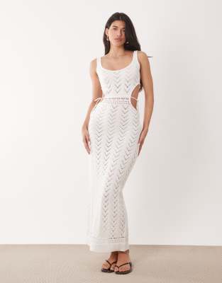 Aria Cove crochet scoop neck tie open waist detail maxi beach dress in cream