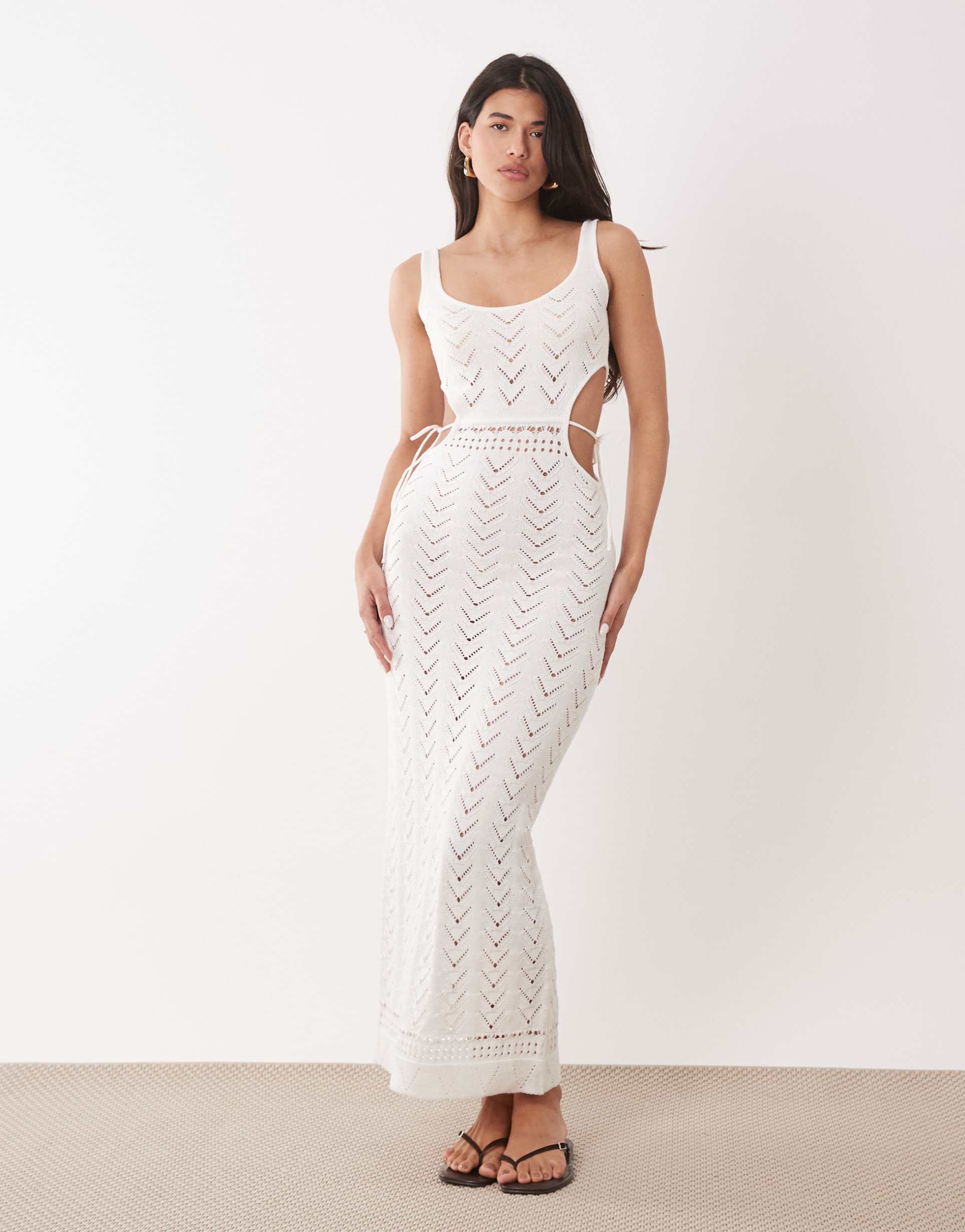 aria cove crochet scoop neck tie open waist detail maxi beach dress in cream