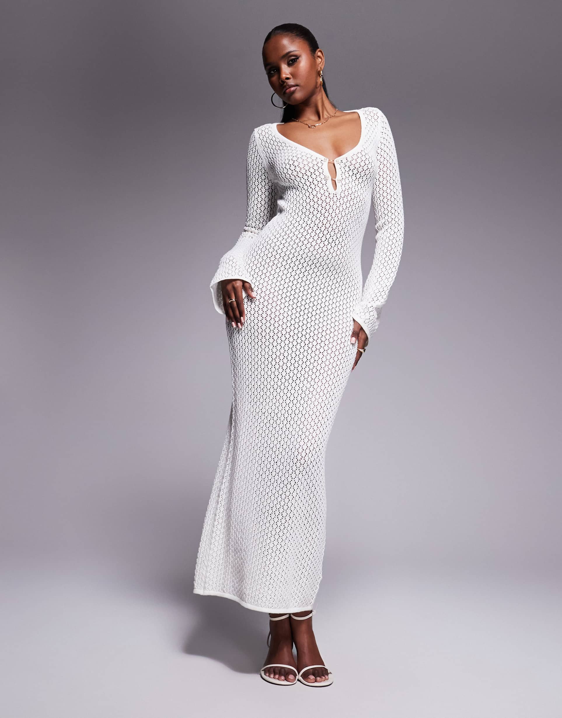 aria cove crochet wide sleeve pearl clasp maxi beach dress in white