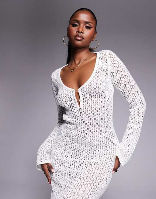 Aria Cove crochet wide sleeve pearl clasp maxi beach dress in white