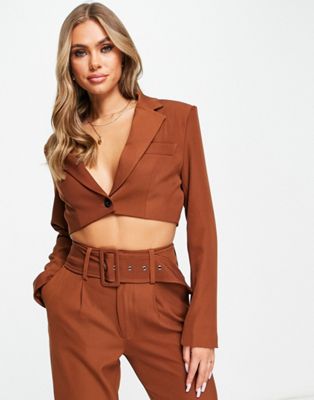 Aria Cove cropped blazer co ord in brown