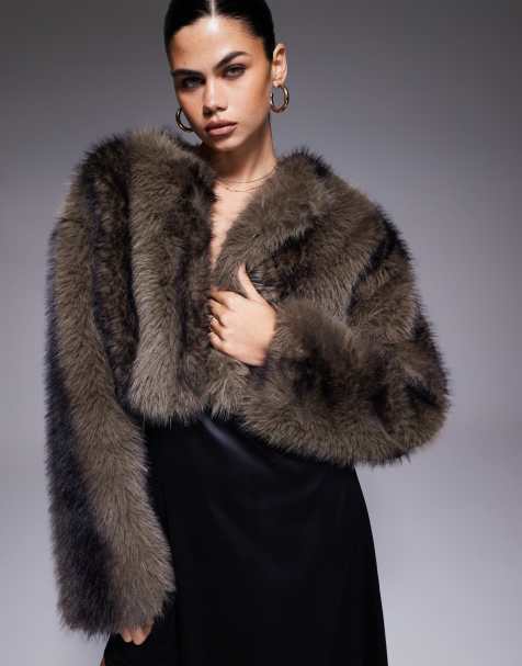 Aria Cove cropped faux fur jacket in brown stripe - view 1