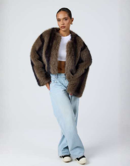 Aria Cove cropped faux fur jacket in brown stripe, 2 of 3